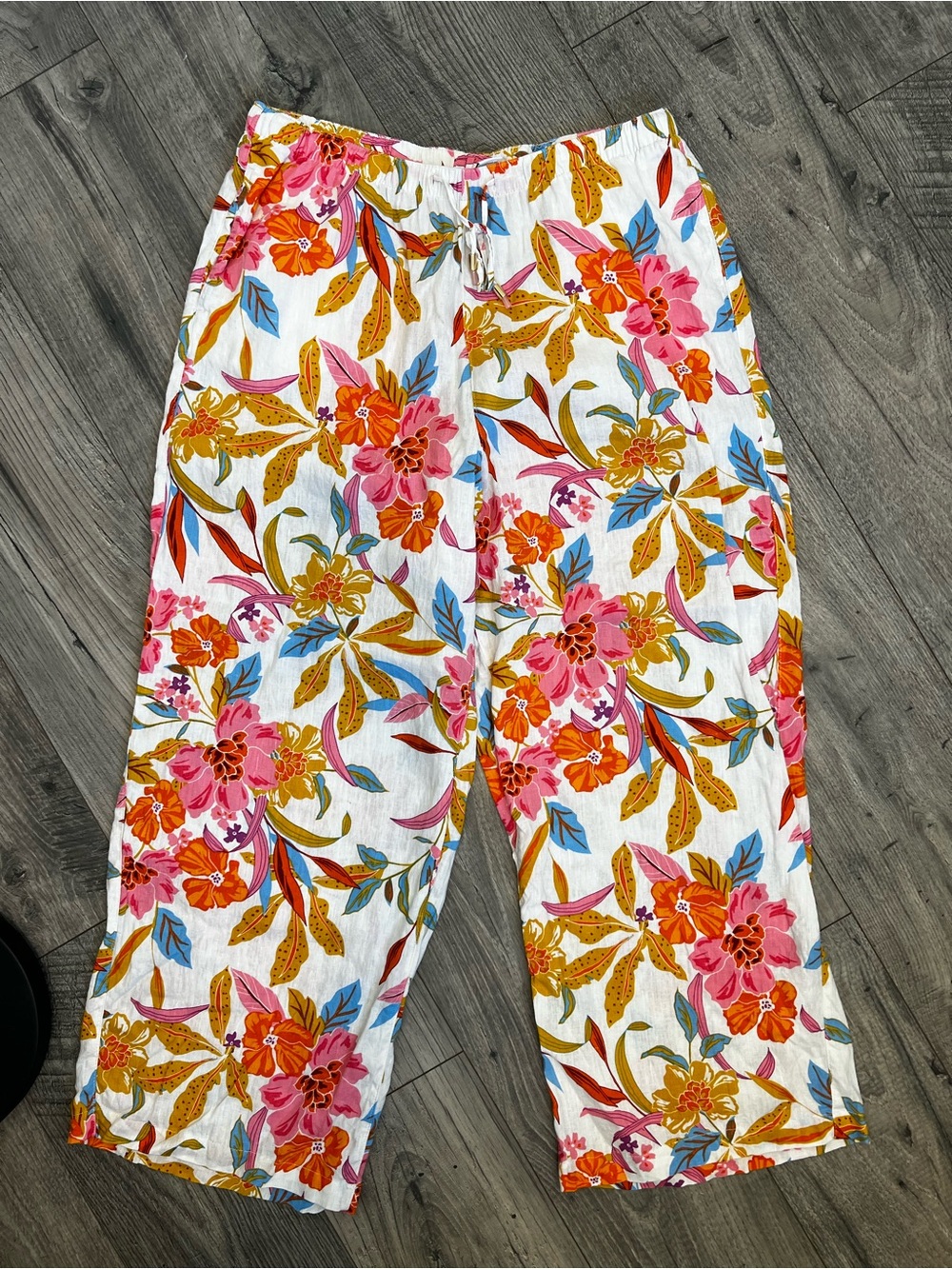 C&C California Linen Floral Pull On Flowy Wide Leg Cropped Pants- XL
